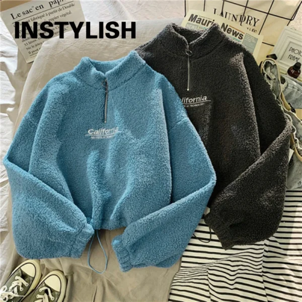 Women Stand Neck Fleece Cropped Hoodies Autumn Letter Embroidery Long Sleeve Drawstring Sweatshirt Elegant Plush Velvet Tops - Image 4