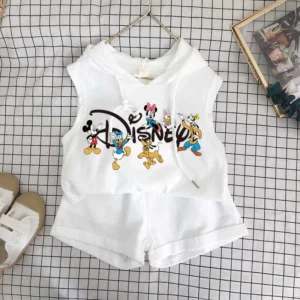 2024 New Children's Vest Hooded Suit Summer Shorts Boys And Girls Sets Baby Kids Two-piece Cotton Fashion Cartoon Mickey Outfits