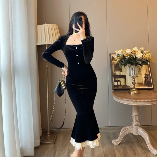 Elegant French Haban Style Fish Tail Skirt Spring Autumn Soft High Class Square Collar Long Sleeve Black Velvet Long Dress - Image 3