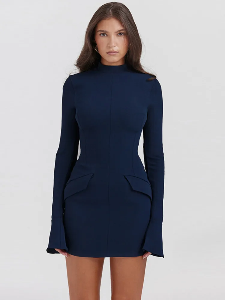 Mozision Dark Blue Two Pocket Sexy Mini Dress For Women 2024 Autumn Winter New Long Sleeve Bodycon Club Party Dress Elegant - Image 2