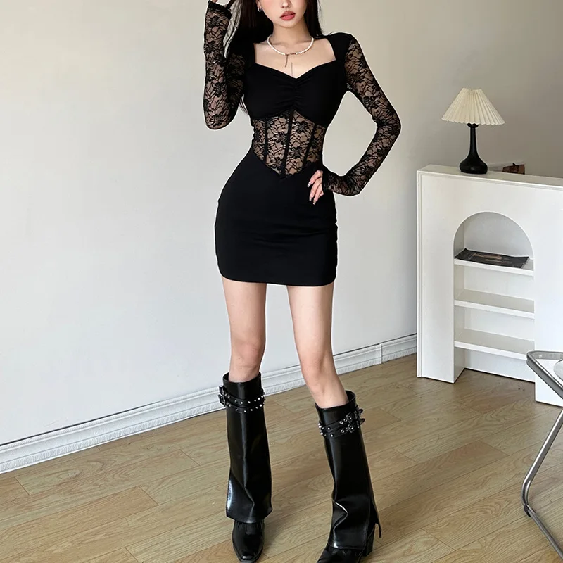 Nibber Black Mysterious Sexy Lace Stitching Mature Fishbone Beautiful Sweet Gentle Women'S Winter Long Sleeve Hip Short Dress - Image 6