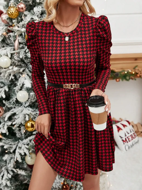 Special offer welfare 2024 new fashionable women's dress with long sleeves, slim fit, small round neck, elegant red and black pl - Image 5