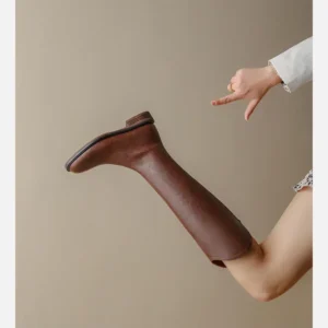 Women Knee-high Boots Leather Natural Leather Ladies Bootie Autumn and Winter Velvet Western Boots Goth Shoes Long Botas