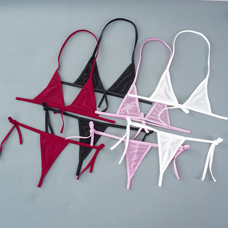 Sexy Mini Bra Sets Wirefree Ultra-thin Mesh Unlined Bra Brief Set Black Transparent 2 Pieces Halter Women's Exotic Lingerie Sets - Image 3