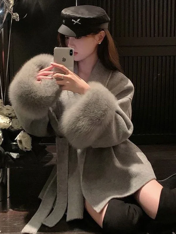 UCXQ Elegant OL Office Lady Overcoats Fur Patchwork Long Sleeve Woolen Coat Beautiful Women's Clothing Jacket Autumn 2024 Spring - Image 5