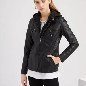 Faux Leather Jacket Women Motorcycle Coat for Biker with Removable Hood Plus Size