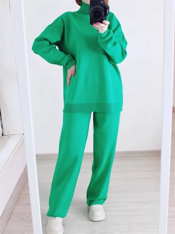 Autumn Winter 2 Pieces Women Sets Knitted Tracksuit Turtleneck Sweater and Straight Jogging Pants Suits - Image 3