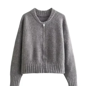 TRAFZA Women Vintage Solid Color Coat Long Sleeve Round Neck Sweater Jacket 2024 Spring Female Casual Zipper Sweater Coats