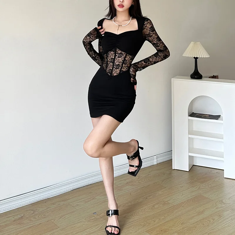 Nibber Black Mysterious Sexy Lace Stitching Mature Fishbone Beautiful Sweet Gentle Women'S Winter Long Sleeve Hip Short Dress - Image 3