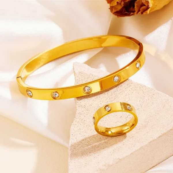1Set Bangles Rings For Women Stainless Steel Bracklet Jewelry Stylish Cubic Zircon Gold Color Waterproof With Gift Box - Image 2