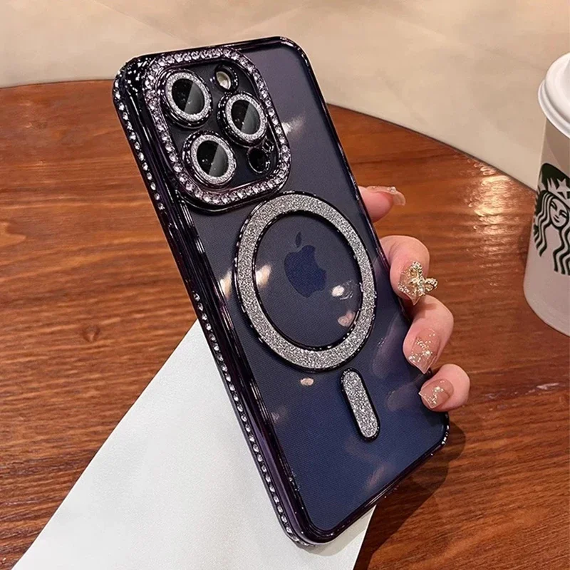 2024 New Fashion Glitter Diamond Transparent Case For iPhone 16 15 14 Plus 13 12 11 Pro Max Magnetic Wireless Charge Back Cover - Image 4