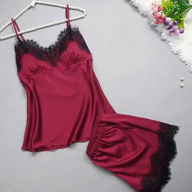 Women's Halter Pajamas 2 PCS Camisole And Shorts Home Wear Red Black Sexy Lace S M Ventilate Comfort - Image 4