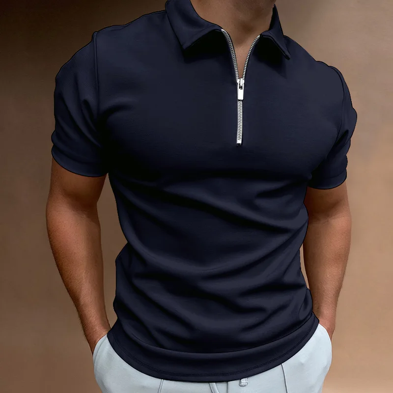 Summer Men's Solid Color Polo Shirt Short Sleeve Turn-Down Collar Zipper Tshirts &for Men Casual Streetwear New Male Tops - Image 2