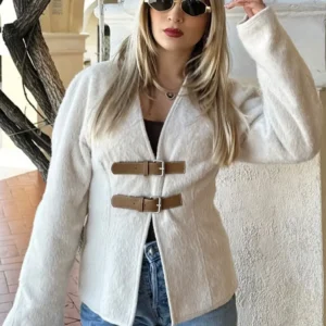 TRAFZA Retro Leather Buckle Woolen Coat Women Fashion Solid V Neck Long Sleeve Beige Jacket Autumn Spring Chic Female Streetwear
