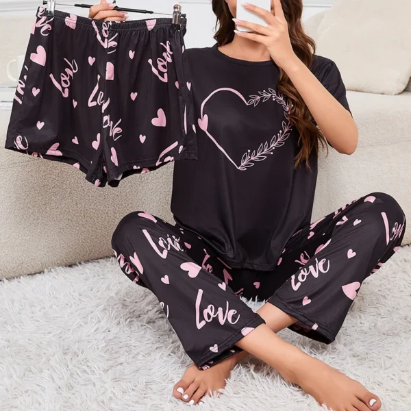 Women's 3 Piece Short Sleeve Crew Neck Top With Shorts And Pants Loungewear Sleepwear Lounge Sets Nighty Print Casual Pajama Set