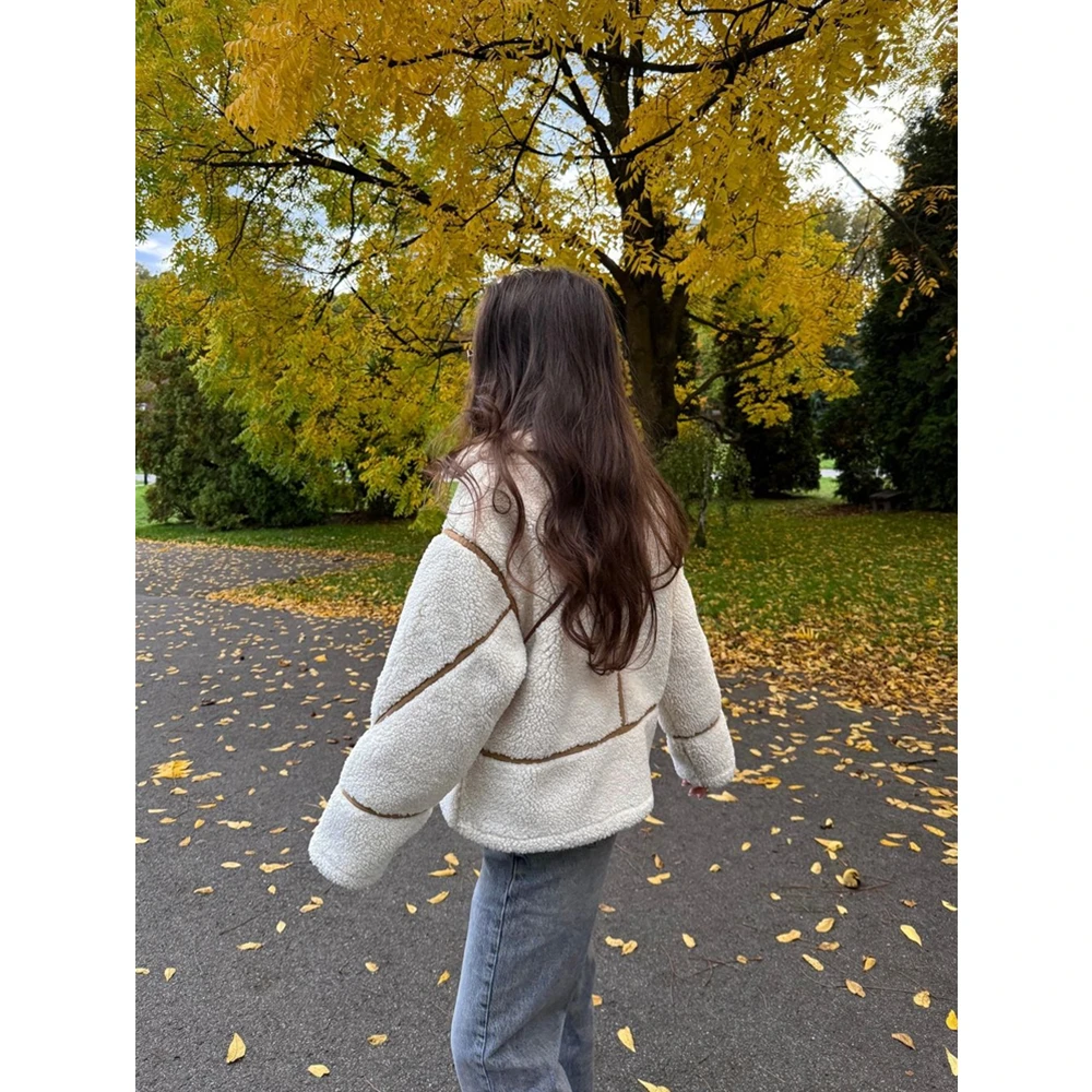 RZRA2024 new winter women's clothing contrast color stripe fleece double-sided lapel jacket fashionable warm versatile - Image 4