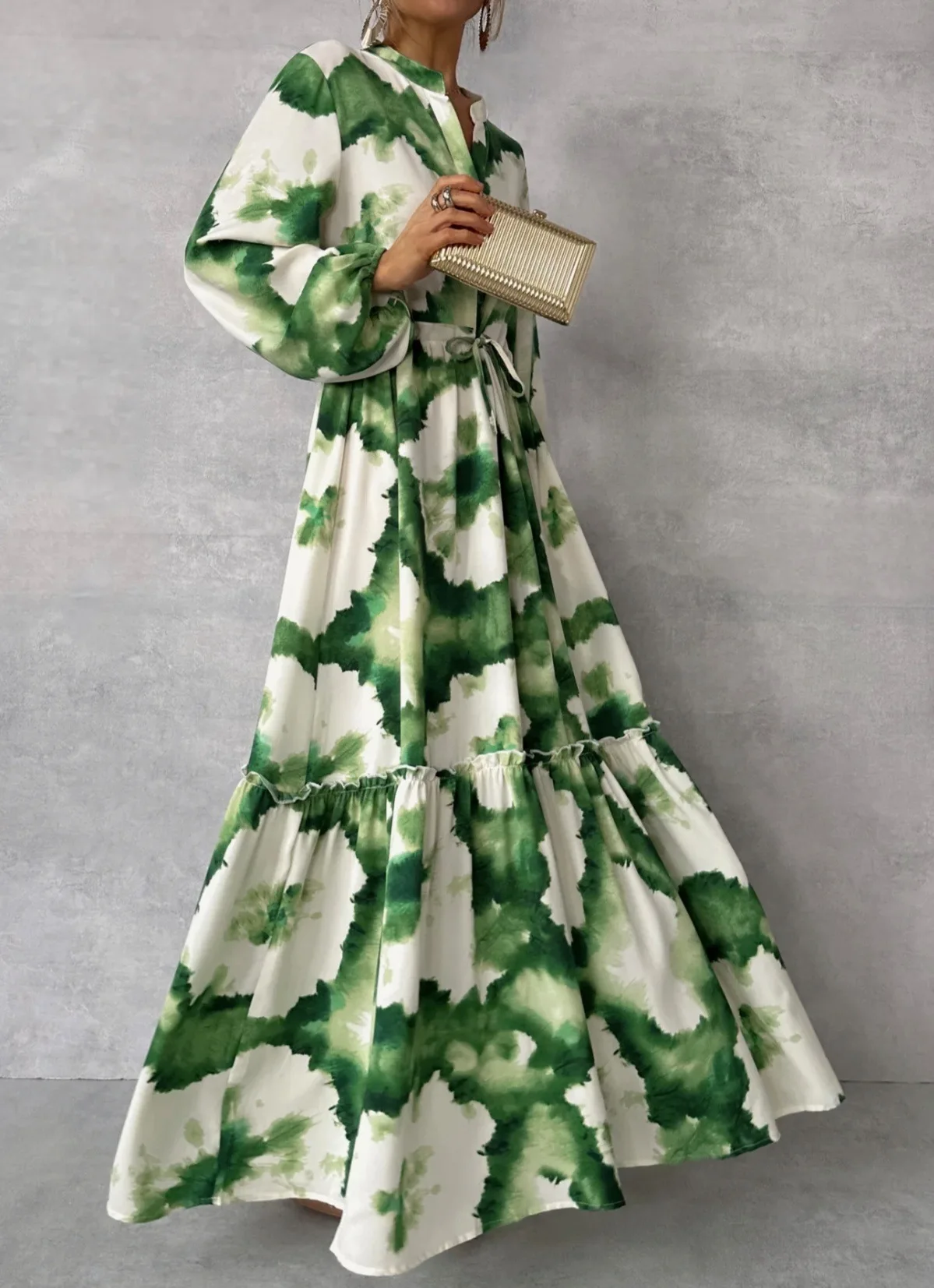 2024 Summer Elegant Women Maxi Dresses Fashion Green Print Long Sleeve V Neck Waist Adjustment Long Dress Female Party Vestido - Image 4