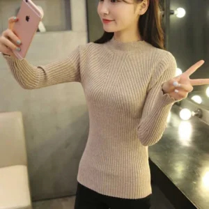 2024 Autumn Women Mock Neck Ruffles Sweater Long Sleeve Knitted Bottoming Solid Pullovers Stripe Women Casual Sweater Winter