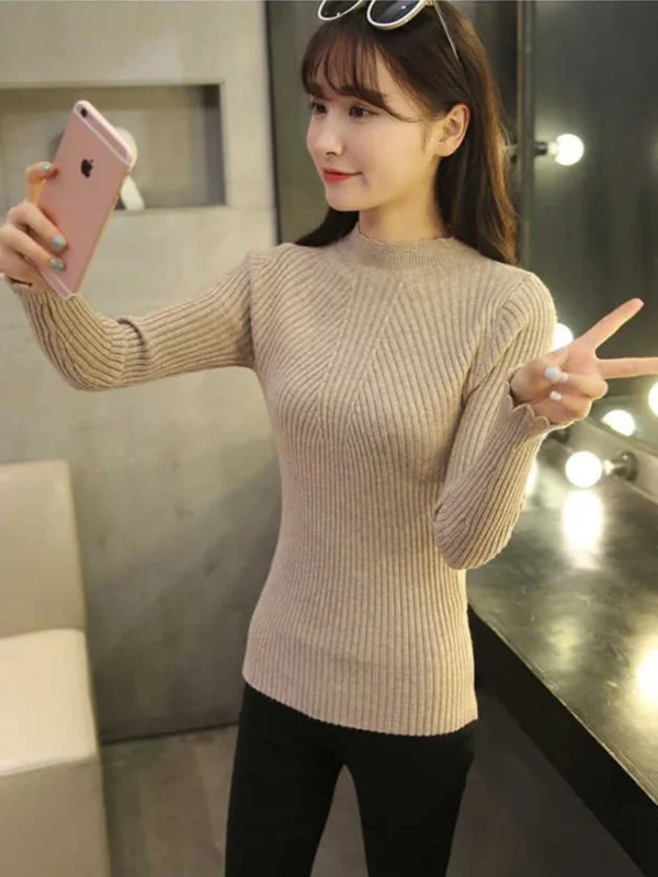 2024 Autumn Women Mock Neck Ruffles Sweater Long Sleeve Knitted Bottoming Solid Pullovers Stripe Women Casual Sweater Winter - Image 6