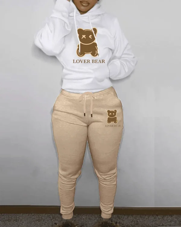 Cartoon Bear Print Two-Piece Set Drawstring Long Sleeve Hoodies & Work Out Jogger Pants Outfits Women Top Suits Clothes - Image 2