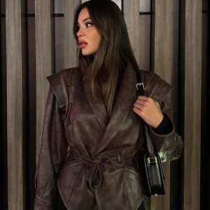 2024 New Vintage Lapel Lace-up Leather Jackets Women Chic Solid Long Sleeves Pockets Short Coats Autumn Lady Fashion Streetwear