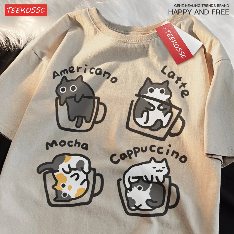 Cat Coffee Pure Cotton Trendy Summer Loose Short Sleeved T-shirt Men Women Original Mocha Latte Cat Three Flowers Fun Cat Tees - Image 2