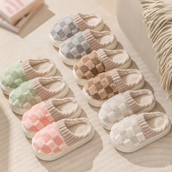 Fashion Couple Winter Slides Warm Plaid Fluffy Slippers Soft Sole Flip Flops For Women And Men Home Indoor Non-slip Cotton Shoes - Image 2