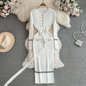 YuooMuoo Women Dress 2024 Autumn Winter Elegant Rib Knit Long Pencil Dress with Belt Office Lady Bodycon Sweater Dress Vestidos