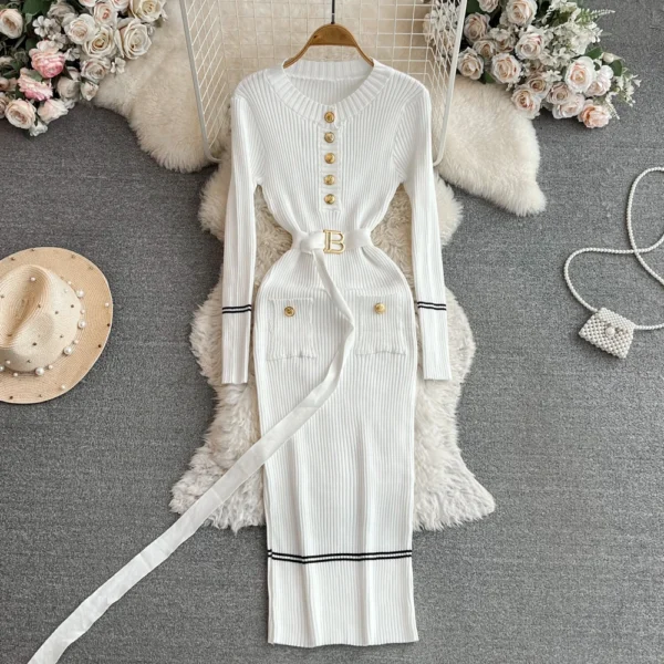 YuooMuoo Women Dress 2024 Autumn Winter Elegant Rib Knit Long Pencil Dress with Belt Office Lady Bodycon Sweater Dress Vestidos - Image 3