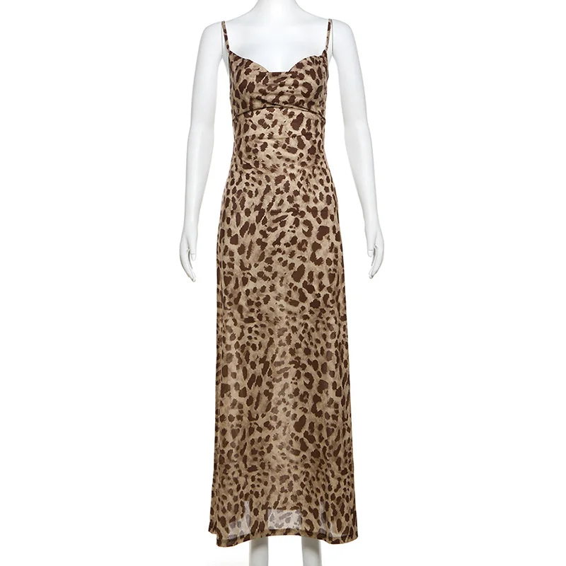 Ladies Vintage Leopard Print Women Sexy Spaghetti Strap Summer Dress Chic Swing Collar Backless Party Club Long Dresses Female - Image 5