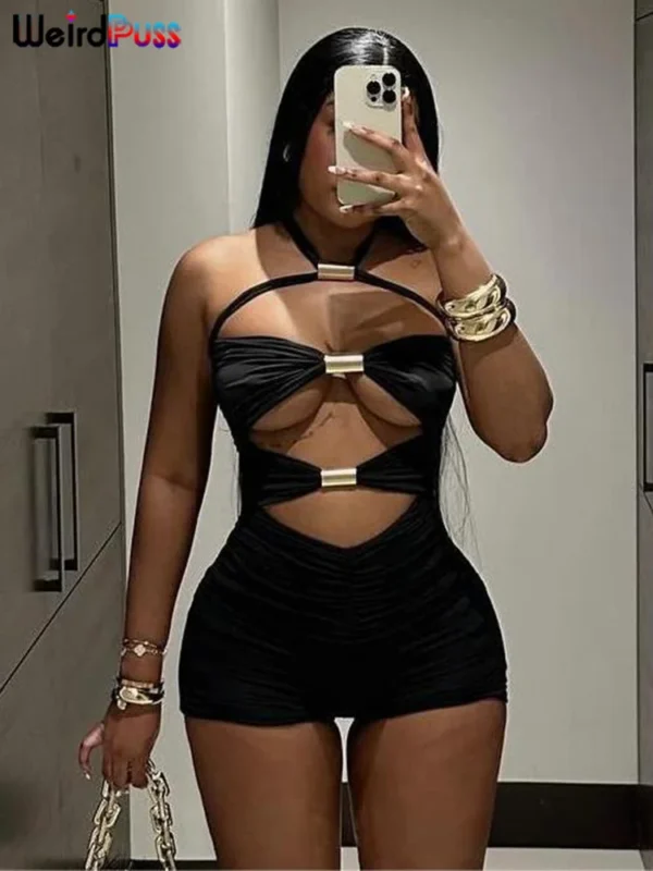 Weird Puss Ruched Romper Women Chic Metal Buckle Hollow Backless Halter Sleeveless Hipster Stretch Luxury Slim Playsuit Clubwear - Image 3