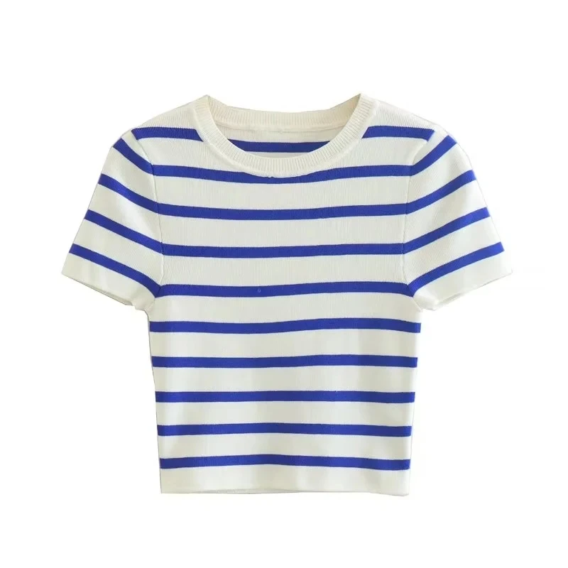 Women Fashion Basic Cropped Striped Knitted Top Short Sleeve O-Neck Summer for Casual Female Pullover Sweater Chic Tops - Image 4