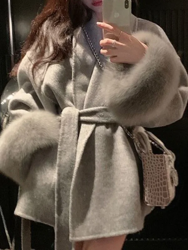 UCXQ Elegant OL Office Lady Overcoats Fur Patchwork Long Sleeve Woolen Coat Beautiful Women's Clothing Jacket Autumn 2024 Spring - Image 6