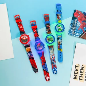 Flash Light Spiderman Kids Watches For Boys Cartoon Hello Kitty Mickey Children Watch Girls Student Clock Gifts free shipping