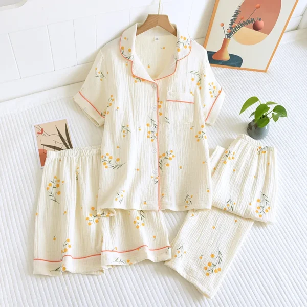 New summer women's cotton crepe three-piece short sleeve + shorts + trousers large size simple flower pajamas home service suit - Image 2