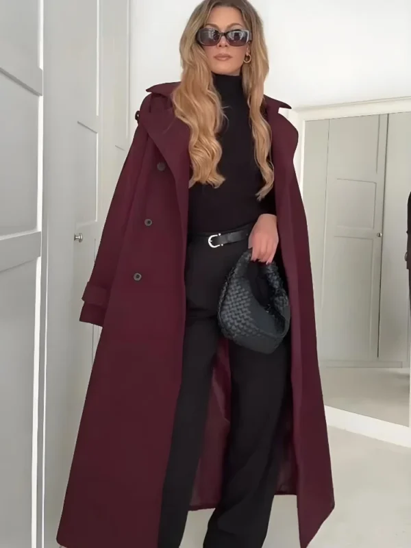 Vintage Burgundy Women Lace Up Wool Blend Long Coat Elegant Lapel Double Breasted Full Sleeve Overcoats Lady 2024 New Daily Wear