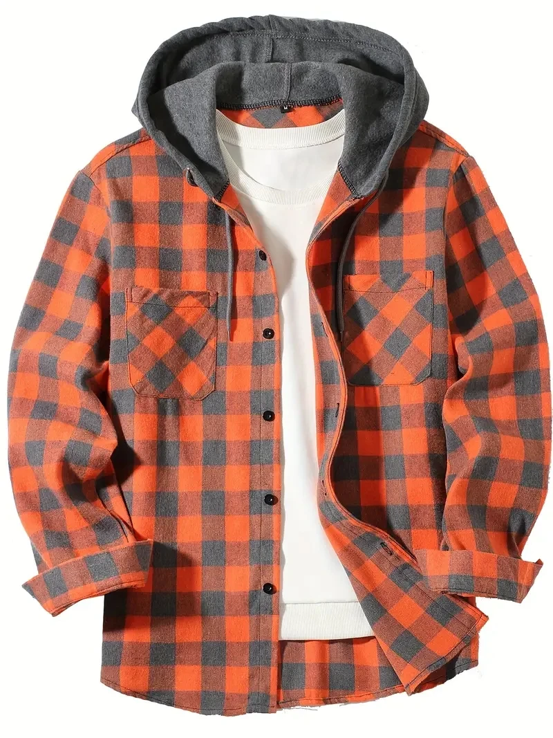 New four seasons plaid hooded shirt European and American size double bag cover hooded shirt men's trend slim-fit hooded shirt - Image 5