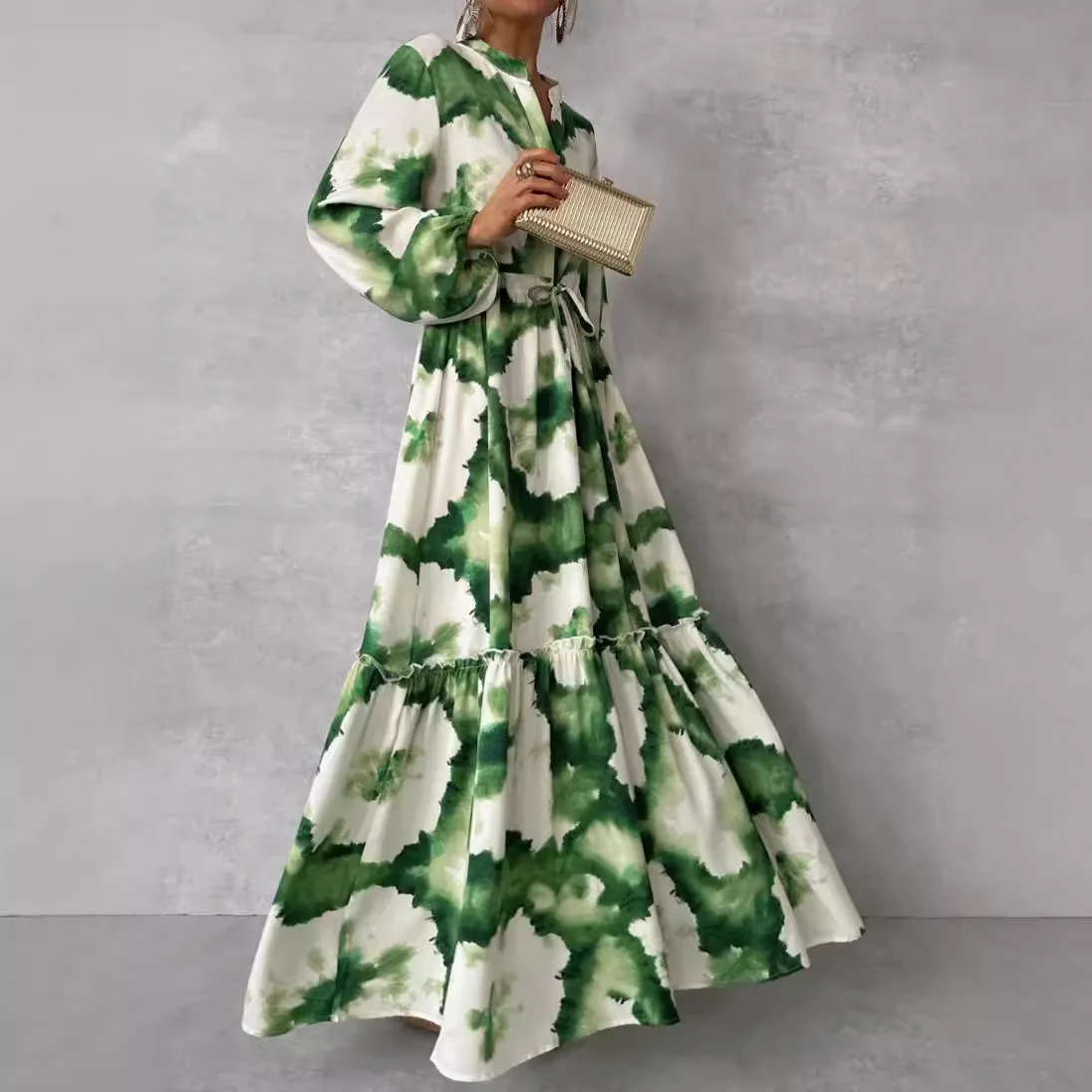 2024 Summer Elegant Women Maxi Dresses Fashion Green Print Long Sleeve V Neck Waist Adjustment Long Dress Female Party Vestido