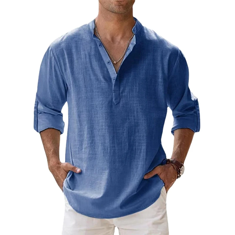 New Cotton Linen Shirts for Men Casual Shirts Lightweight Long Sleeve Henley Beach Shirts Hawaiian T Shirts for Men - Image 4