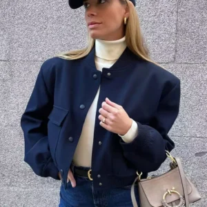 TRAF Women Fashion With Pockets Bomber Jacket Coats Vintage Long Sleeve Front Button Casual Female Outerwear Chic Tops