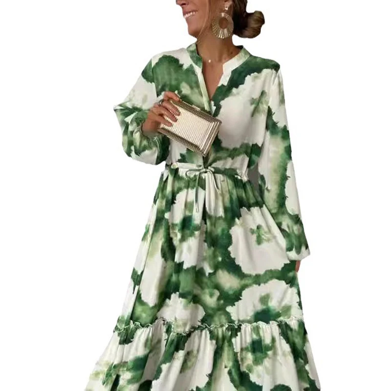 2024 Summer Elegant Women Maxi Dresses Fashion Green Print Long Sleeve V Neck Waist Adjustment Long Dress Female Party Vestido - Image 6
