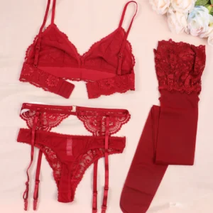 Varsbaby Lace Bra Sets for Women Non-padded Bra Panty Garter Stockings Summer Underwear Lingerie Sexy