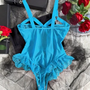 Hot Solid Contrast Lace Semi Sheer Criss Cross Ruffle Trim Hollow Out Backless Garter Belt Thong Bodysuit Women's Sexy Lingerie