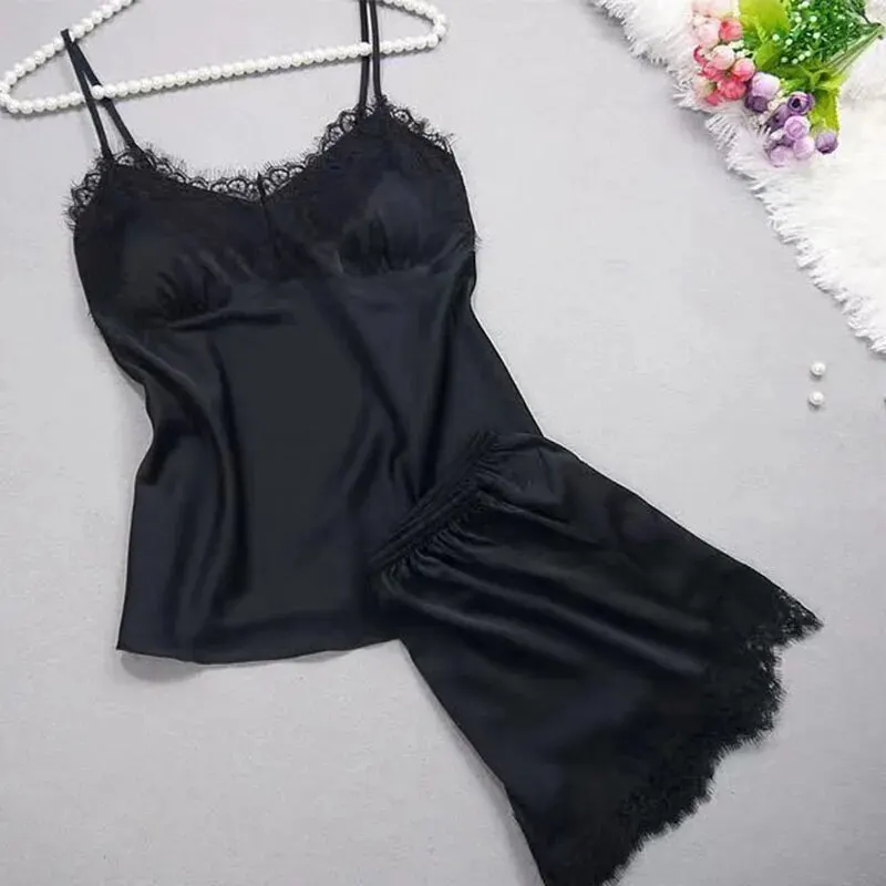 Women's Halter Pajamas 2 PCS Camisole And Shorts Home Wear Red Black Sexy Lace S M Ventilate Comfort - Image 3