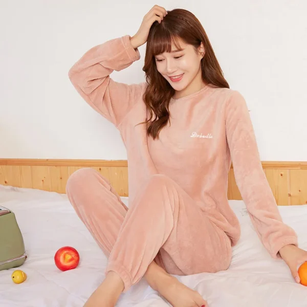 New Autumn Winter Pajamas Warm Coral Fleece Women Cozy Loose Set Top Homewear Long-sleeved lax 2 Piece Solid color Warm Pyjamas - Image 3