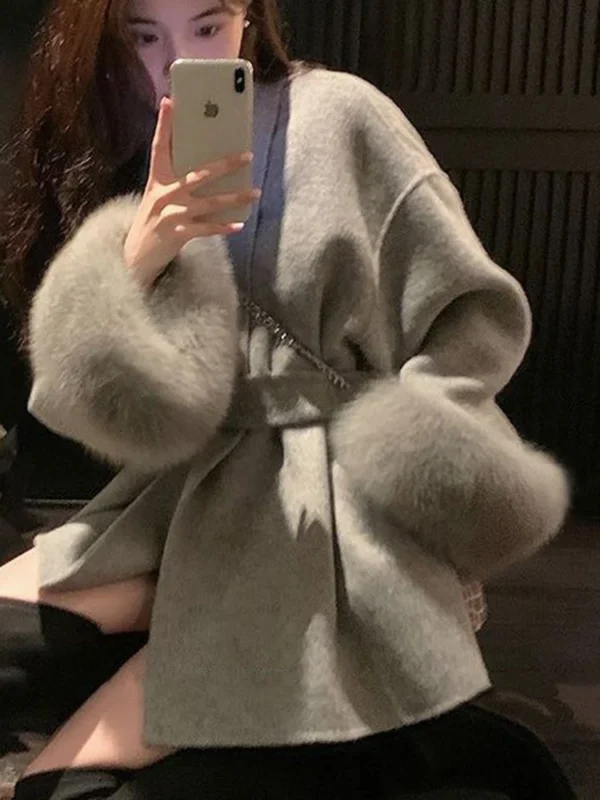 UCXQ Elegant OL Office Lady Overcoats Fur Patchwork Long Sleeve Woolen Coat Beautiful Women's Clothing Jacket Autumn 2024 Spring - Image 4