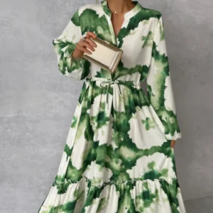 2024 Summer Elegant Women Maxi Dresses Fashion Green Print Long Sleeve V Neck Waist Adjustment Long Dress Female Party Vestido