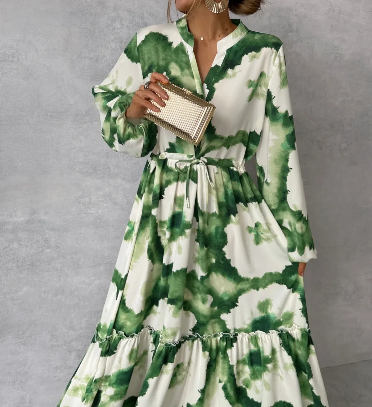 2024 Summer Elegant Women Maxi Dresses Fashion Green Print Long Sleeve V Neck Waist Adjustment Long Dress Female Party Vestido - Image 3