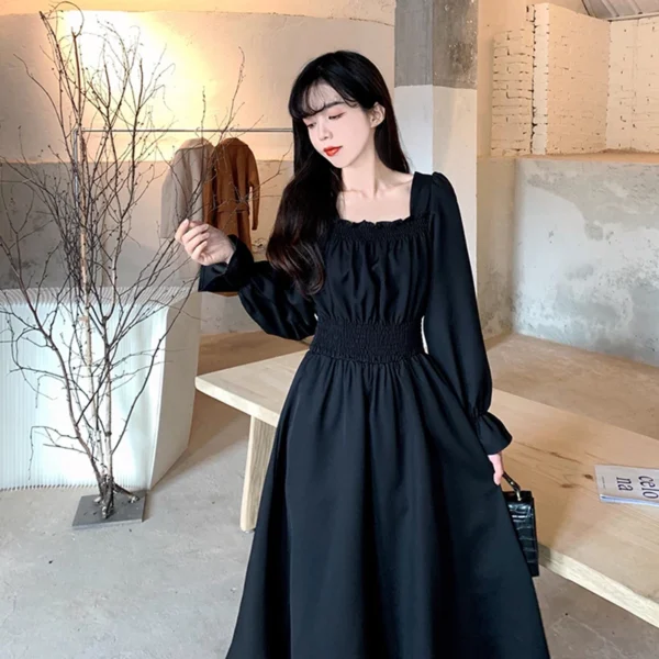 Women Black Folds Elegant Long Dress Retro Loose Sweet Square Collar Female Dress Spring Autumn All Match Casual Ladies Vestidos - Image 3