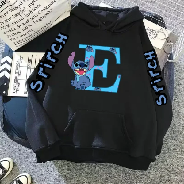 2024 Women's Winter Jacket Cute Kawaii Disney Lilo & Stitch Lucky Letter Print Black Hoodie Fashion Couple Streetwear Sportswear